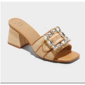 A New Day Kathleen tan Slide Sandals Embellished Square Toe Block Heel Size 10